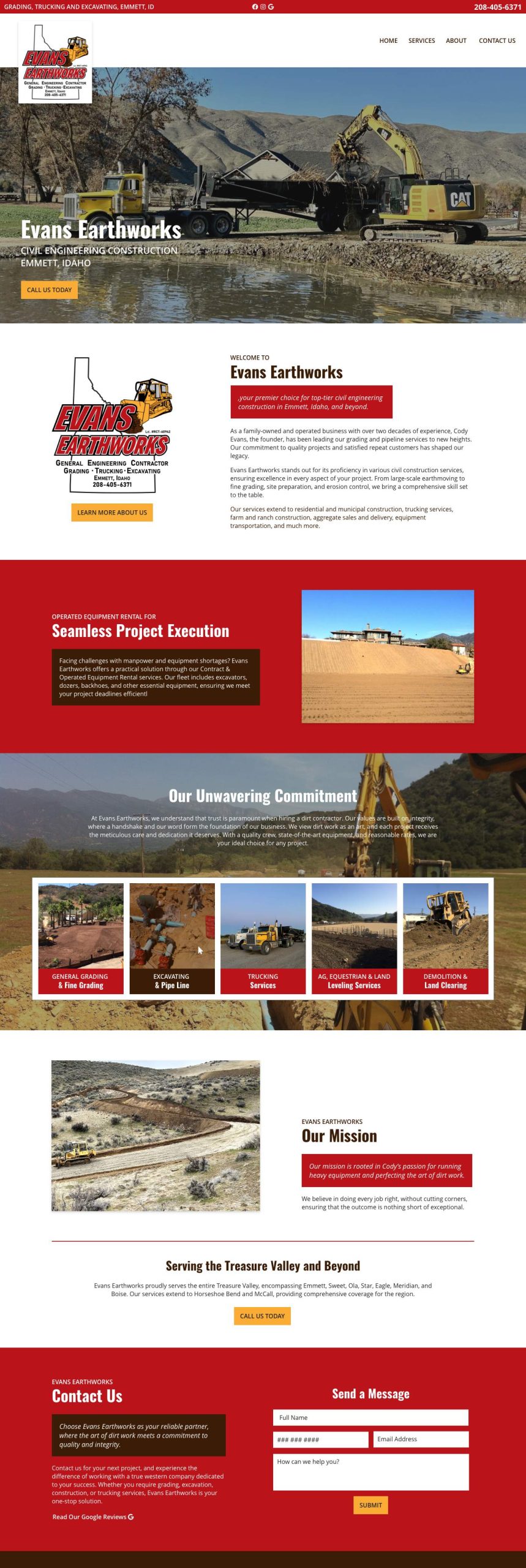 Screenshot of Evans Earthwork Home Page
